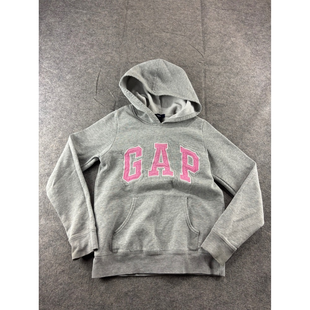 Gap Kids Girls Gray Pink Logo Pullover Hoodie Sweatshirt Size M 8-9 Years